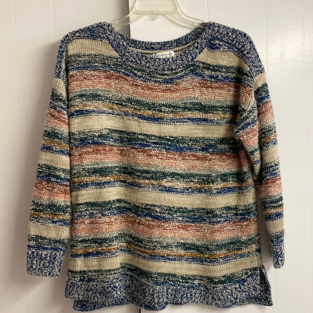 Tunic length tan/blue/rust colored long sleeve cardigan size XL